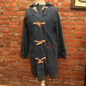 Denim hooded toggle coat